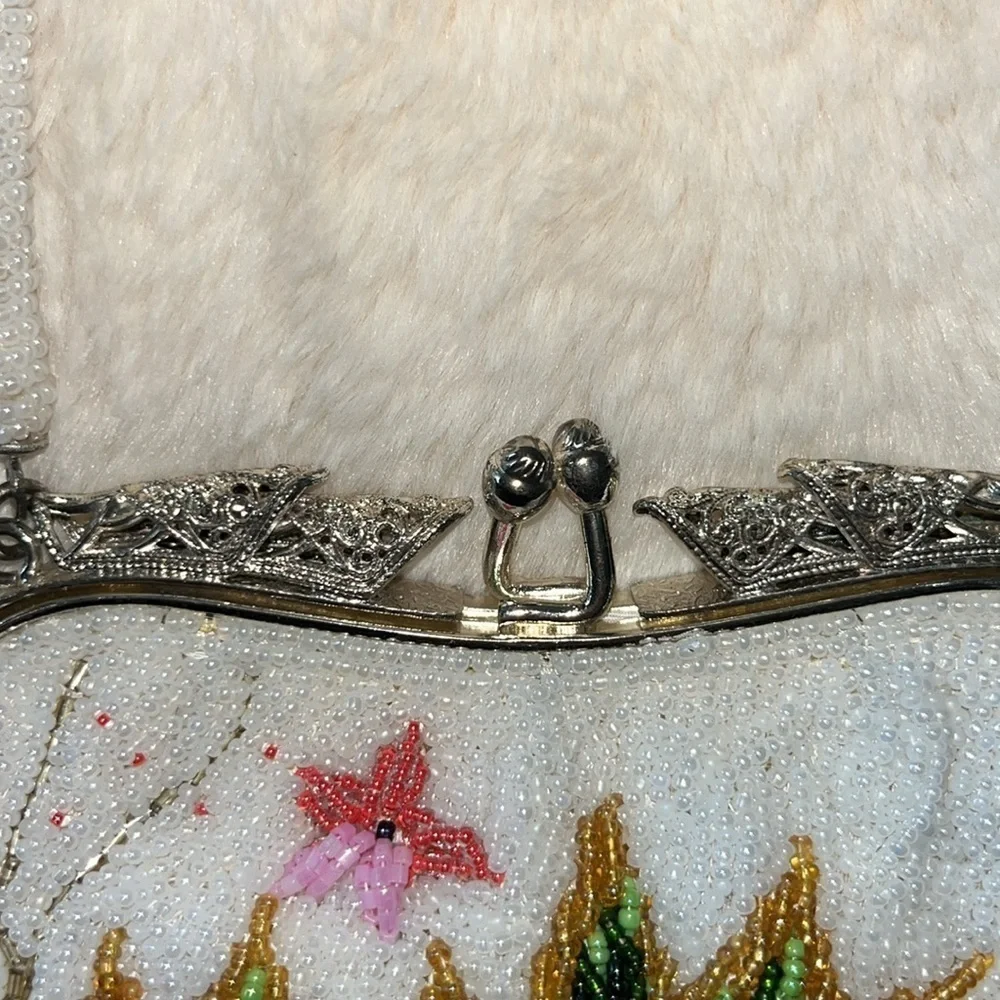 Vintage all beaded clutch bag white with flowers dainty delicate feminine pretty